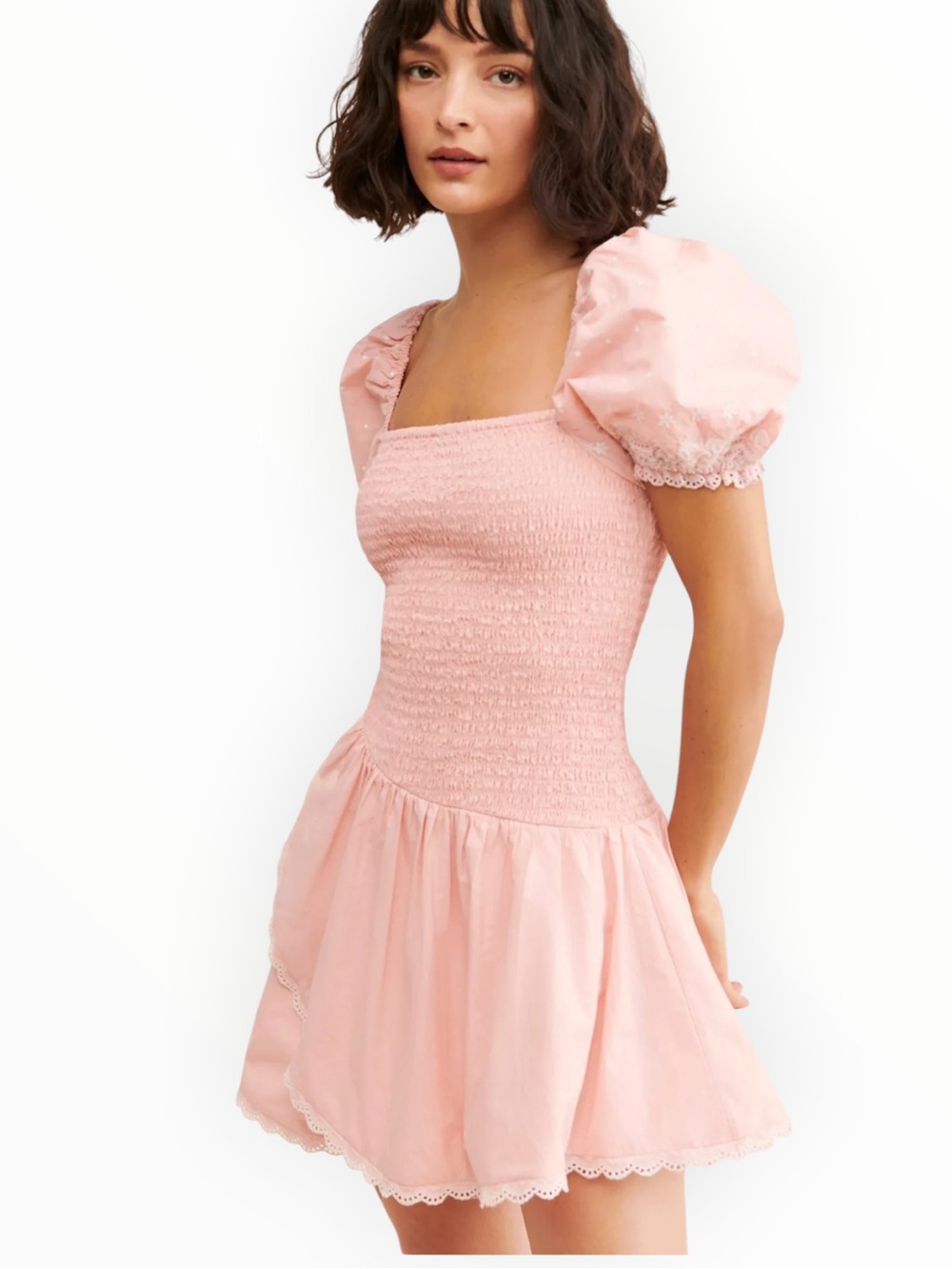 LoveShackFancyAsa bubble bath Pink Smocked Puff-Sleeve Mini Dress